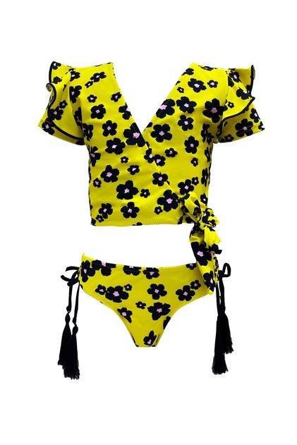 Daisy Patterned V-Neck Tassel Detailed 50Uv Girls Bikini Set by Nessi Byrd