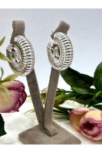 Silver Color Engraved Ring Model Women's Earrings (Silver 3X3Cm)