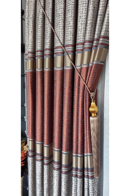 Panel Background Curtain Tile Brown - Single Panel with Gold Stripes, Tight Pleated Jacquard, Shiny