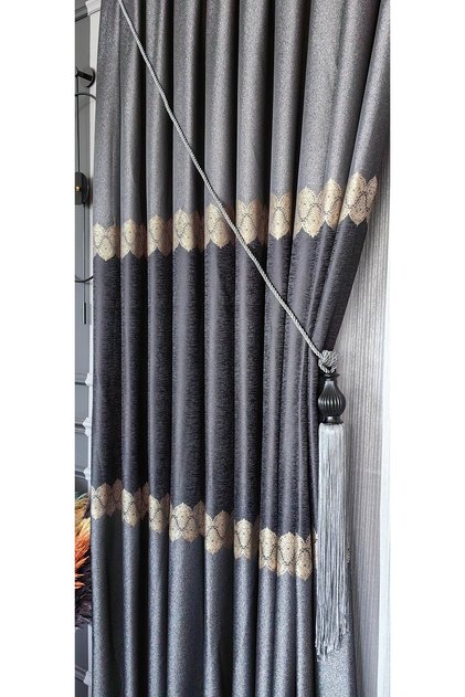 Panel Background Curtain Gray - Anthracite with Gold Stripes Single Panel with Tight Pleats Jacquard Shiny