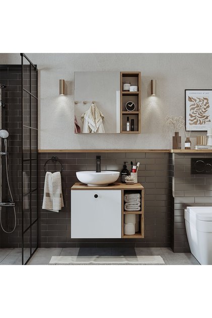 Lavabolu Mdf 65 Cm Lotus Çekmeceli Banyo Dolabı + Aynalı Üst Dolabı