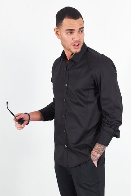 Black Lycra Stretchable, Easy-Iron Fit Form Men's Shirt with Front Pockets | Me23S112031