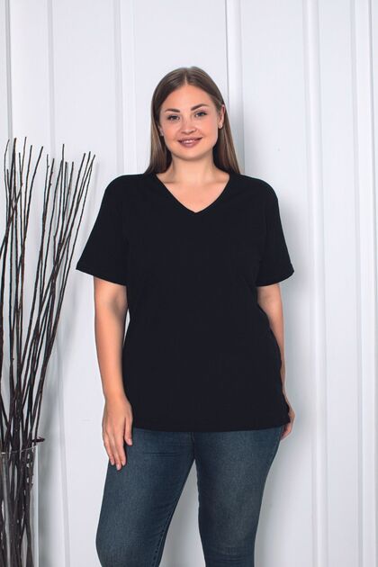 Yırtmaçlı Pamuklu Kadın V Yaka Büyük Beden T-shirt
