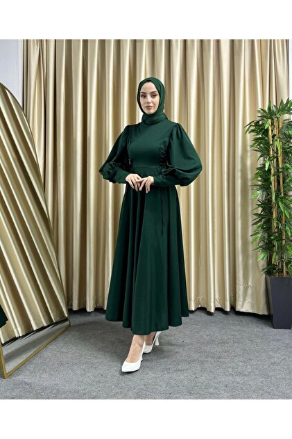 ZÜBİŞ BUTİK Boydandan Lace-Up Hijab Dress Stitched Waist End