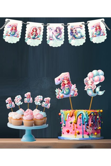 Mermaid Themed Set of 3 One 1 Year Old Birthday Decoration Banner + Cake Decoration + Cupcake Decoration