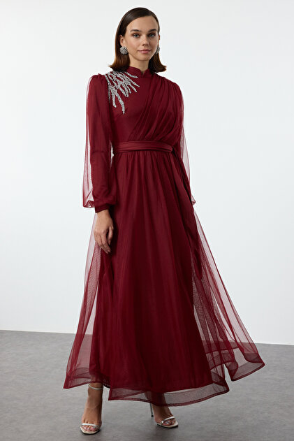 Trendyol Modest Burgundy Jewelled Tulle Evening Dress - Accessory Detailed  Gown TCTAW25DB00010- Trendyol