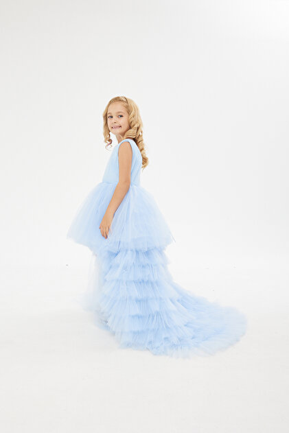 zhre balaban blue short front long back girl's evening dress- Trendyol