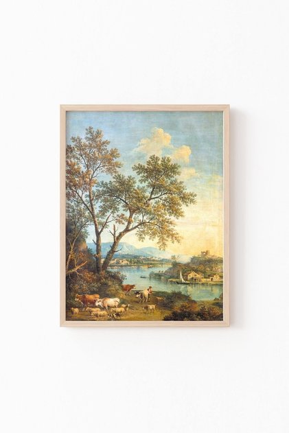 Village and River Landscape - Wood Patterned Frame