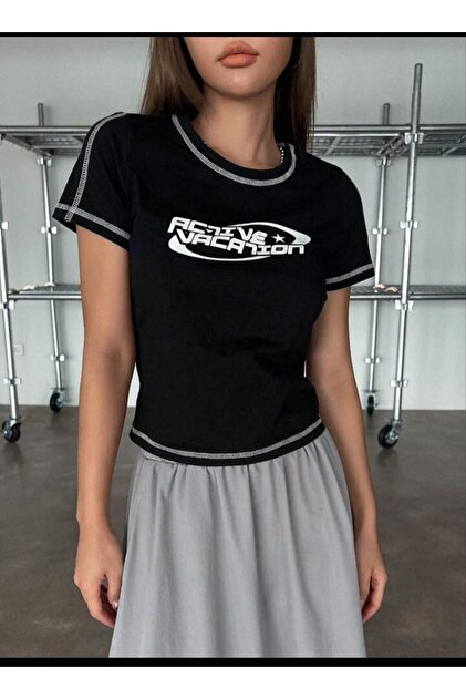 EDVESS İnce Retro Tişört Kısa Kollu Siyah Crop Y2k Harajuku Slim