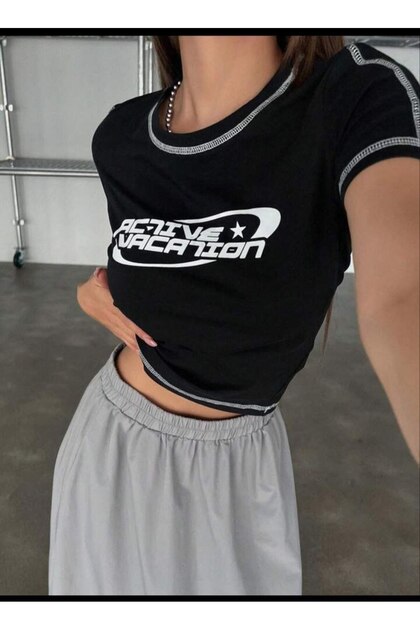 EDVESS İnce Retro Tişört Kısa Kollu Siyah Crop Y2k Harajuku Slim