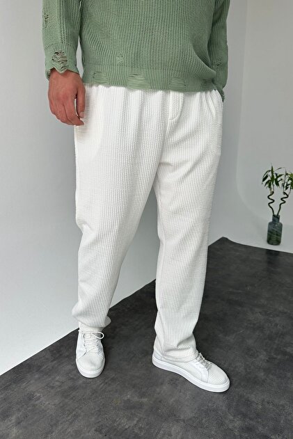 MADZEYMODA Baggy Fit Bol Kalıp Erkek Beyaz Fitilli Jogger - Fiyatı