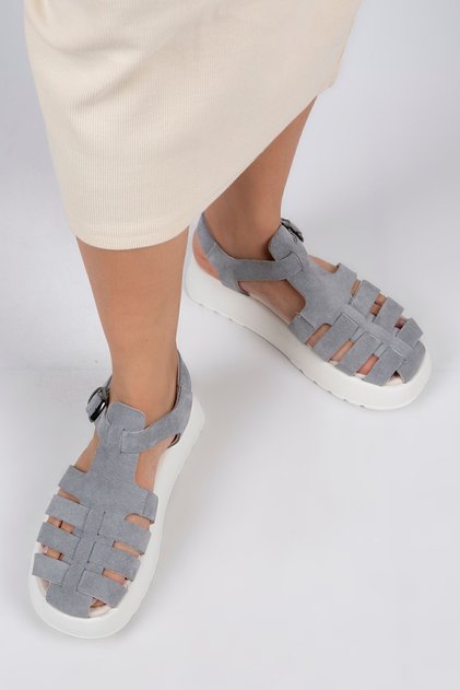 Rosa Women's Genuine Leather Buckle Gray - White Sandals