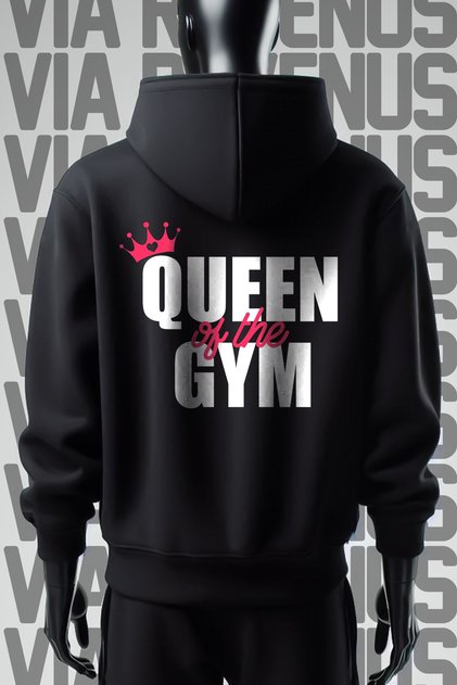 سويت شيرت بقلنسوة أسود واسع الحجم مطبوع من الأمام والخلف من Queen of the Gym