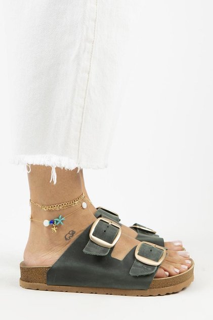 Irene Antique Women's Leather Genuine Leather Double Buckle Green Gold Slippers