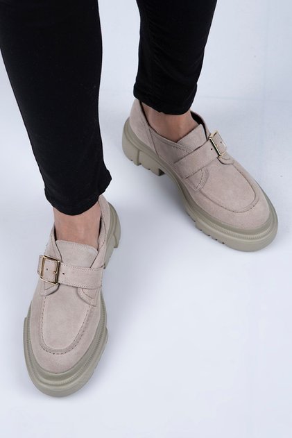 Gloria Women's Genuine Leather Loafer Belted Buckle Beige Suede Shoes