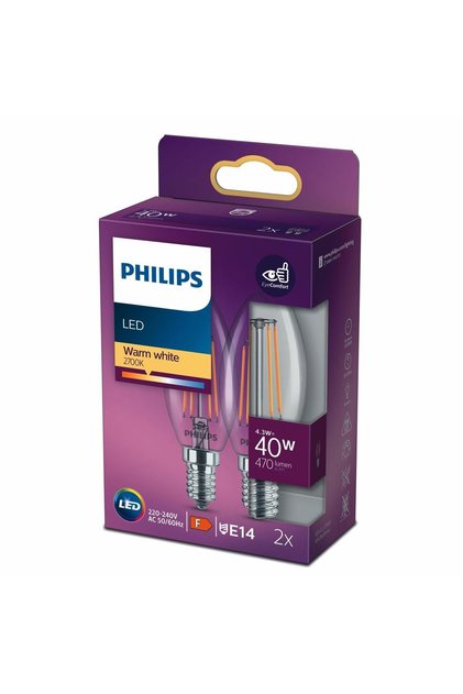 LED Classic Şeffaf Filament Mum Ampul 4.3W 470 Lum 2700K Sarı Işık B35 E14 (40W) 2'li Paket
