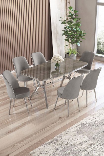Lena Serisi 90x160 Lak Panel Antrasit İroni Krom Kaplama Ayaklı Masa Takımı ve 6 Gri Sandalye