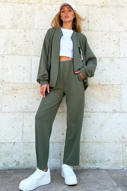 Women's Khaki Arma Detailed Zippered Sweatshirt and Pants Set Alc-X12477