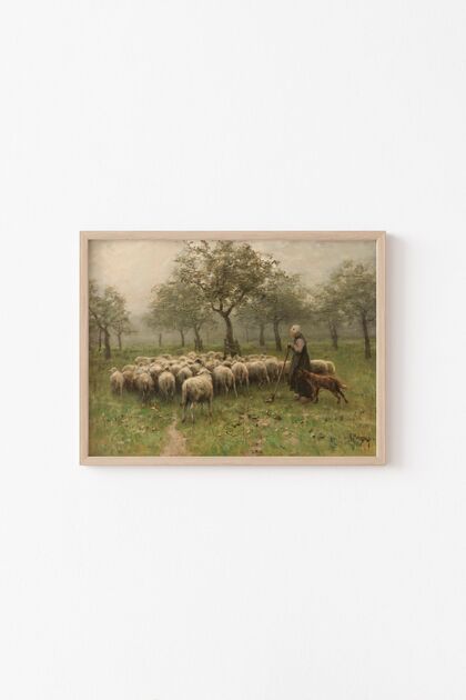Sheep Herd and Shepherd - Wooden Patterned Frame