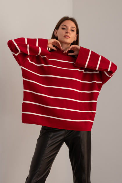 Women's Red Oversize Striped Half Turtleneck Knitwear Sweater, Striped Sweater, Women's Sweater