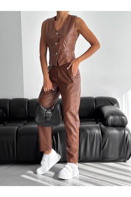 Women's High Waist Slim Flared Classic Leather Trousers Brown Color
