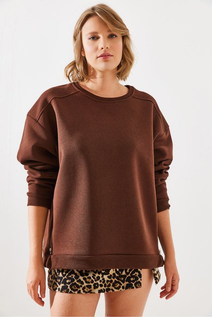 Women's Brown Crew Neck Basic Sweatshirt with Zipper Detail 60251796