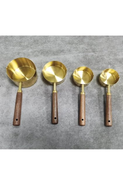 Stainless Steel Measuring Cup Set with Wooden Handle - Gold Color Stylish Design
