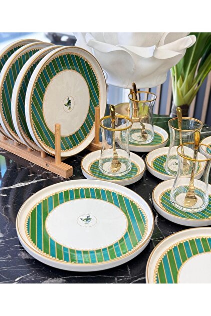 Onedekor 18 Parça Modern Piano Bird Green Pasta Çay Saati Seti