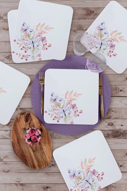 KERAMİKA 20 CM CAKE PLATE 6 PIECES SQUARE SERIAL BUTTERFLY
