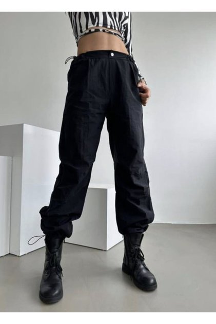 Women's Black Parachute Fabric Pants