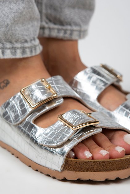 Croco Women's Genuine Leather Double Buckle Crocodile Silver Slippers