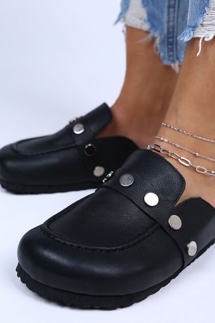 Women's Genuine Leather Closed Front Black Slippers