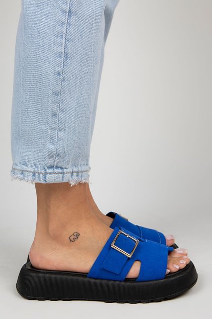 Begonia Women's Genuine Leather Buckle Blue Slippers
