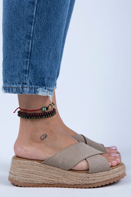 Tegan Women's Genuine Leather Double Band Cross Slippers Beige Suede Slippers