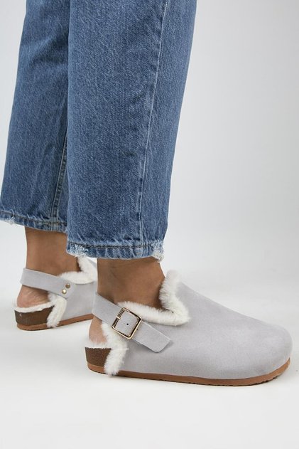 Holly Furry Women's Genuine Leather Furry Genuine Leather Belt Buckle Gray Suede Sandals