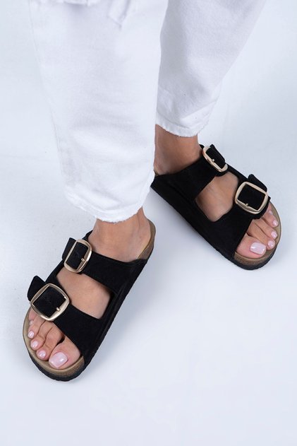 Irene Women's Genuine Leather Double Buckle Black Suede - Gold Slippers