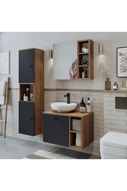 Lavabolu Mdf 65 Cm Lotus Çekmeceli Banyo Dolabı + Aynalı Üst Dolabı + Banyo Boy Dolabı