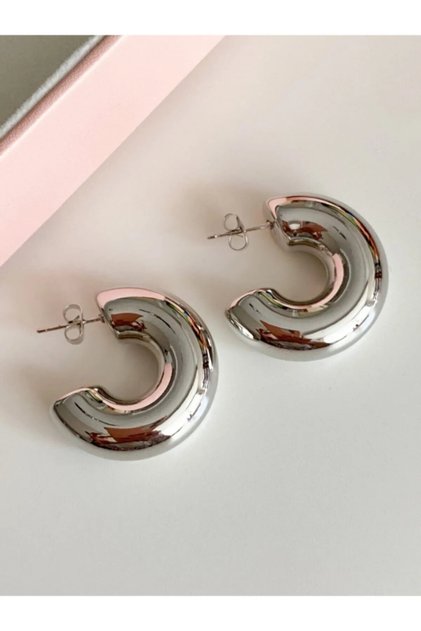 Women's Domed Silver Thick Large Size Hoop Earrings (3×3)
