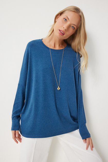 Women's Indigo Blue Crew Neck Bat Sleeve Knitted Blouse En00616