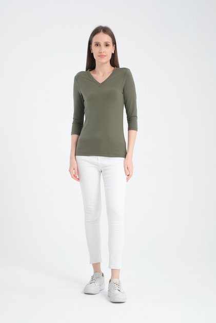 Three Quarter 3/4 Sleeve Women's Basic V-Neck Blouse