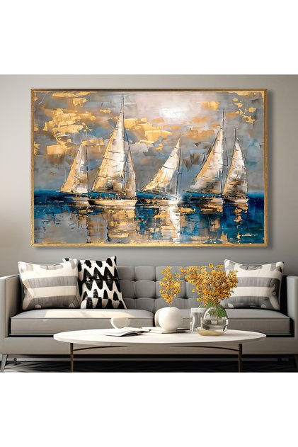 Yağlı Boya Dokulu Tablo Modern Denizde Yelkenliler Altın Çerçeveli U06033