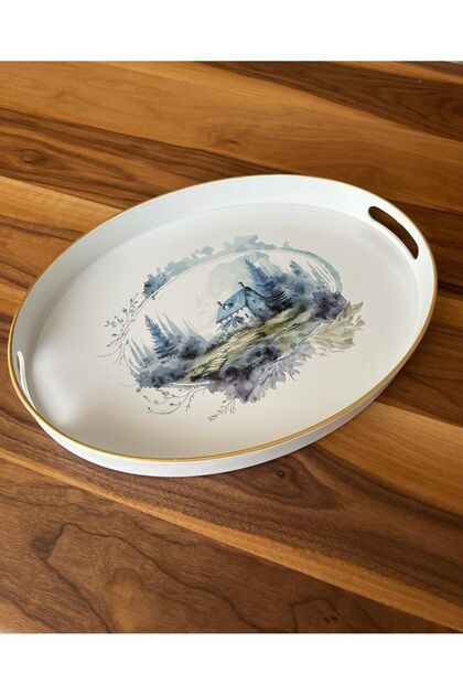 Gold Foil Edged White Anti-Slip Embossed Home Pattern Large Oval Serving Tea Coffee Presentation Tray