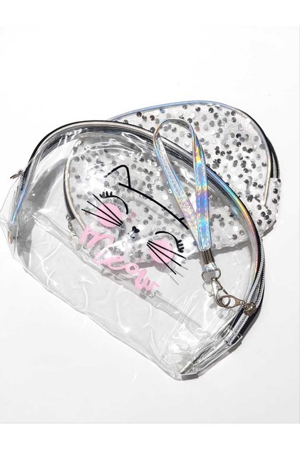 Set of 2 Women's Makeup Bags, Cat Themed Set of 2 Women's Makeup Bags with Hand Strap and Zipper