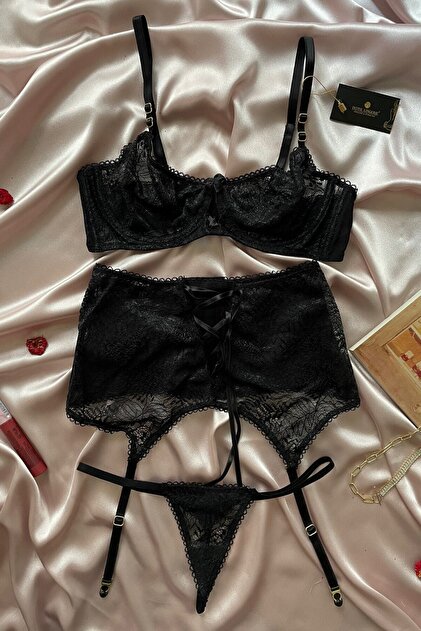 İntive Lingerie Quality Black Glitter Kaylee Design Garter Suit and New  Year's Gift (Socks Included)- Trendyol