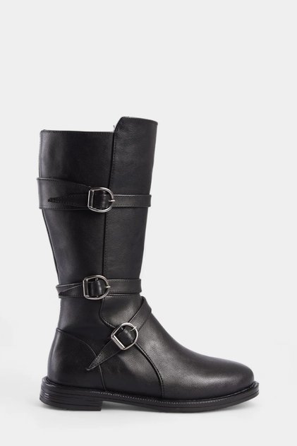 Black Side Zipper Rubber Sole Buckle Round Toe Short Women's Boots