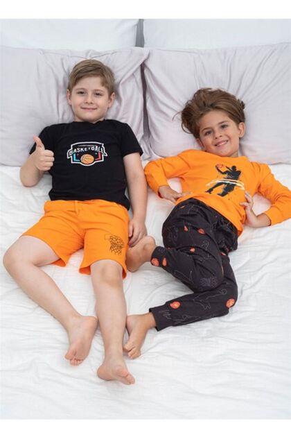 Boy's 4-Piece Basketball Pattern Orange Black Color Combination Pajama Set 4 Piece Set