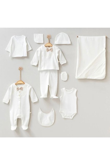 Pugi Baby Ultralux Ribbed Bow Tie Newborn Baby Boy 10 Piece Hospital Discharge Bodysuit Set