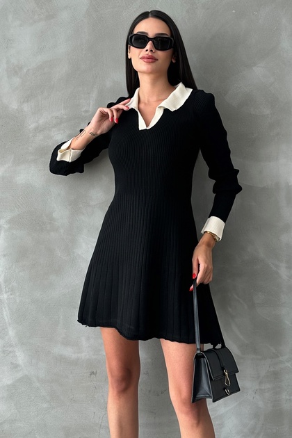 Rochie neagră tricotată cu guler polo - mânecă lungă, croială evazat , croială confortabilă 14169