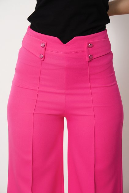 Women's High Waist Palazzo Button Detail Slim Fit Calip Trousers