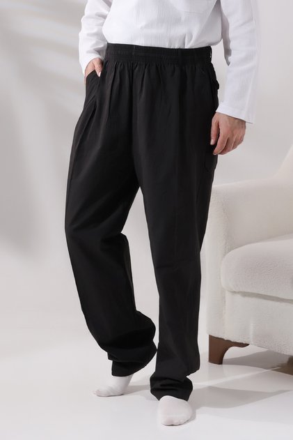 Men's Black Side Pocket Relaxed Cut Elastic Waist Cargo Hajj and Umrah Shalwar Trousers